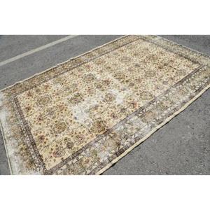 พรมตุรกีขนาด 6.2x9.7 ฟุต พรมวินเทจขนาดใหญ่ พรมลายตารางสีเบจน้ำตาล - Product Image 2