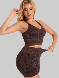 Scoop Neck Racerback <b>Crop</b> <b>Top</b> High Waist Shorts Set Animal Print Four-Way Stretch Spandex Polyester Yoga Wear - Product Image 5