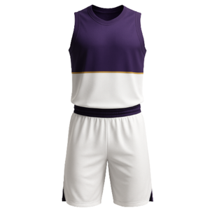 Ensemble de maillot de basket-ball à blocs de couleurs violet et blanc à succès avec accent doré - Maillot et short en mesh à séchage rapide - Product Image 1