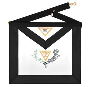 ผ้ากันเปื้อนพิธีกรรมเมสันแบบสก็อต ระดับที่ 4 ริบบิ้นลายโมเรสีดำ และพวงมาลัยปักลาย พร้อมบริการ OEM ลายดวงตาที่มองเห็นทุกสิ่ง - Product Image 1