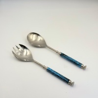 Ensemble de service à salade en argent poli, service à salade décoratif en métal avec poignée ronde en résine bleue, ensemble de service à salade