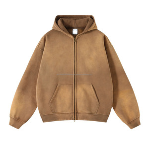 Sweat à capuche zippé personnalisé en tissu chiné délavé à l'acide, effet vieilli, délavé au soleil, en molleton épais double zip pour homme - Product Image 3
