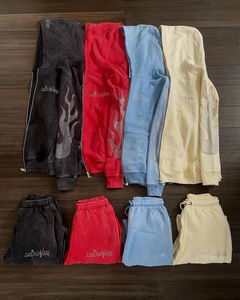 Custom OEM Blanks Hoodie Terry Oversized Tracksuit Rhinestone Zip up Wash <b>Flare</b> Sweatpants and Hoodie Sets - Product Image 5