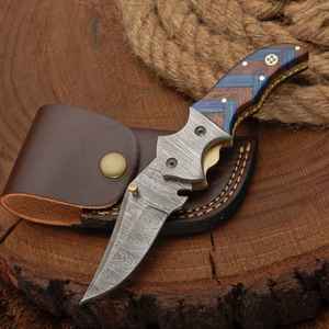 Navajas Plegables de Acero de Damasco con Mango de Madera Hechas a Mano, Personalizadas al por Mayor, para Supervivencia al Aire Libre, con Funda - Product Image 2