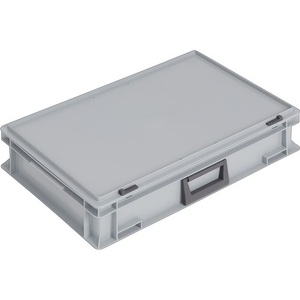Caisse de rangement en plastique gris avec serrure coulissante et poignée, L600xL400xH133 mm, 24 L, par LOCKweiER - Product Image 1