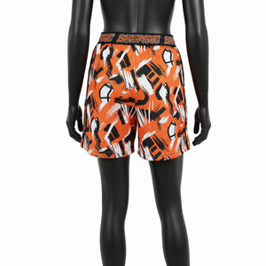 Shorts de sport pour femme en maille polyester 160 GSM de haute qualité, orange, avec impression graphique par sublimation, logo imprimé. - Product Image 3