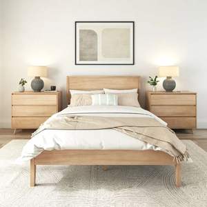 Juego de dormitorio minimalista de madera de teca con cama con plataforma y mesitas de noche - Product Image 1