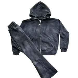 Survêtements à capuche vintage d'hiver personnalisés, survêtement en polaire épaisse 100% coton, pantalon de survêtement évasé en deux pièces, ensemble de joggers empilés pour hommes - Product Image 1