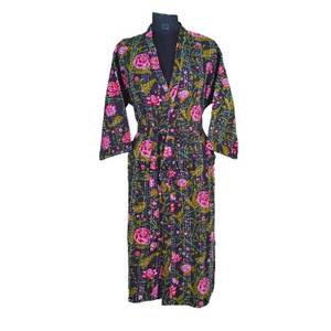 Unisex Cotton Kantha Kimono Bathrobe Elegant Floral Design V-neck Drawstring Closure Long Sleeve <b>Women's</b> Summer Sleepwear - Product Image 2