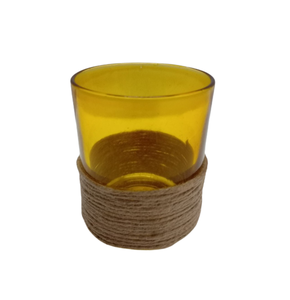 Unique Decoration Attractive Yellow <b>Glass</b> Coated Straw And <b>Glass</b> Made Round Shape Votive <b>Holder</b> New Design Empty <b>Candle</b> Jar - Product Image 1