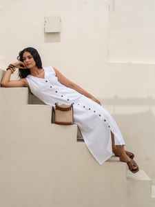 Vêtements personnalisés d'usine 100% coton taille naturelle longueur au sol col en V sans manches lâche été bord de mer élégante robe Maxi coréenne - Product Image 3