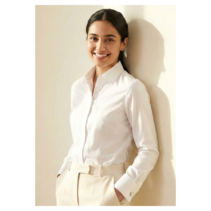Embroidered Silk Women's Office <b>Shirt</b> with Chiffon Detail Simple Design <b>White</b> Color <b>Double</b> <b>Cuff</b> - Product Image 3