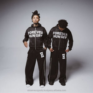 Custom Rhinestone Streetwear Chándal Flare Stacked Pantalones de chándal Hombres Unisex Conjuntos Sudaderas con capucha Logotipo personalizado Jogger Set 100% Algodón - Product Image 1