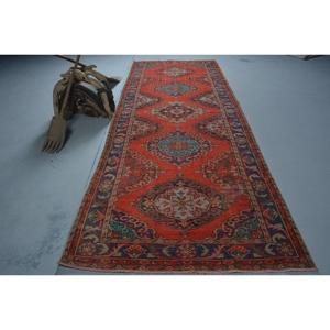 Alfombra turca vintage, diseño de retazos rojo y azul tradicional, área grande de 4,7x12,3 pies, pasillo Rectangular de látex de lana para habitaciones - Product Image 1