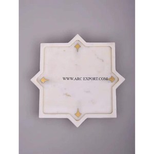 Hexagon Shape White <b>Marble</b> Table Top Food Serving Trays With Gold Polished Brass Handles <b>Large</b> Size Modern Food Serving Tray - Product Image 5