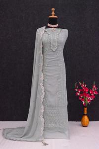 Costumes ethniques lourds en fausse Georgette Salwar Dupatta multi-fils et Jari avec broderie séquentielle de 3mm Fourniture d'usine en gros - Product Image 3