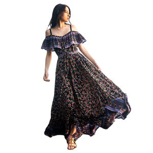 Robe longue à épaules dénudées faite à la main pour les fêtes d'été chemise tissée en mousseline de soie haute couture manches à volants naturel - Product Image 1