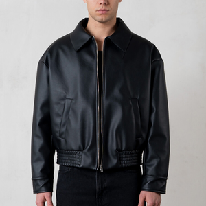 Chaqueta Bomber de Lona Negra para Hombre, Corte Ajustado, Cuello Alto, Cuero de Pescado Genuino, Cuero Premium - Product Image 1