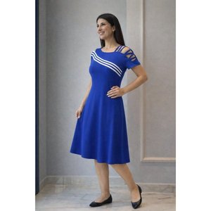 Vestido midi de viscosa con detalle de rayas y hombros descubiertos de manga corta para mujer, 32992 - Product Image 3