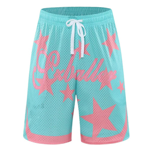 Custom Aqua Blue Basketball <b>Shorts</b> with <b>Pink</b> Star Print Mesh Fabric Elastic Waist Drawstring - Product Image 3