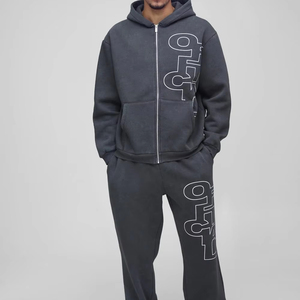 Nuevo diseño mejor calidad fabricante personalizado Boxy chándal conjuntos Unisex algodón Zip Up Sudadera con capucha gris oscuro hombres chándal - Product Image 1