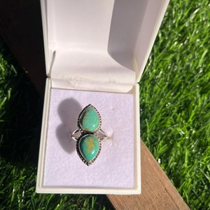 Bague bohème en argent sterling 925 à double pierre turquoise artisanale cadeau pour femme - Product Image 2
