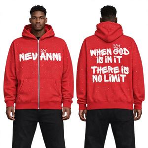 Sudadera con capucha unisex personalizada de invierno con cremallera completa, 100% algodón, con pedrería y bordado desgastado frontal, transpirable y ecológica. - Product Image 4