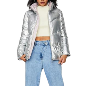 Manteau d'hiver rembourré brillant pour femme, en nylon tricoté imperméable, avec logo personnalisé OEM imprimé - Product Image 2