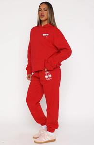 Ensemble de survêtement rouge en molleton pour femme, hiver, uni, brodé, 2 pièces - Product Image 3