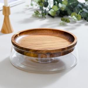 Candy <b>Storage</b> Box Fruit Tray With Wooden Lid for Home Kitchen Glass Bowl Wood Plate Fruit Nut Dried Glass <b>Storage</b> Box <b>Container</b> - Product Image 2