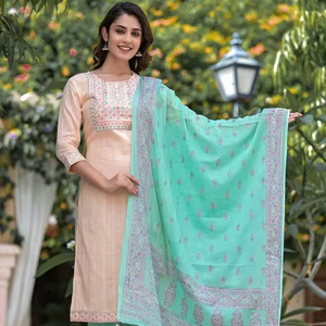 Elegant Indian/Pakistani Style Knee-Length O-Neck <b>Three</b>-Quarter Sleeve A-Line Casual Sweet Embroidered Cotton Salwar Kameez - Product Image 1