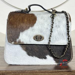 Bolso de Mano de Cuero Vacuno con Pelo Auténtico para Mujer, Bolso de Hombro Vintage con Correa de Cadena Cruzada y Cierre Giratorio - Product Image 1