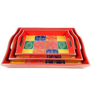 Juego de bandejas para servir de 3 bandejas de madera decorativas artesanales para desayuno, café, té, bandejas para servir aperitivos (Rectangular) - Product Image 3