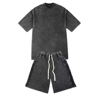 Ensemble T-shirt et short pour homme, style vintage, en tissu éponge noir délavé à l'acide, respirant, 300 GSM, coupe ample, mélange de coton, décontracté, été, deux pièces, personnalisé