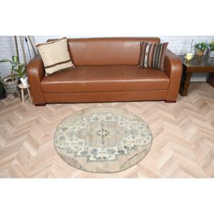 Alfombra Turca Redonda Vintage de 3.5x3.5 pies, Alfombra Sólida Azul Grisácea - Product Image 2