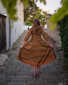 Hand Loom Ikat Revati Dress Calf Length Bohemian Brown Yellow White Pure Cotton Casual Occasional Handmade - Product Image 5