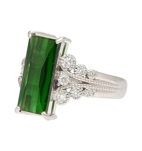 Anillo de filigrana Vintage de turmalina y diamantes de indicolita de platino, anillo Vintage de turmalina verde alargado para mujer - Product Image 2