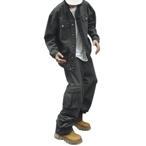 Conjunto de chándal de otoño para hombre, de alta calidad, oversize, con chaqueta vaquera de manga larga y pantalón vaquero casual, estampado, tallas grandes - Product Image 1