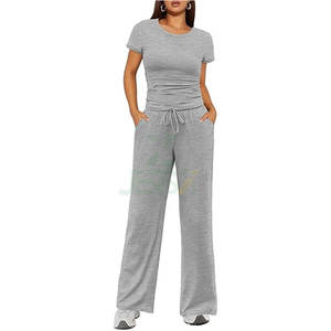 Ensemble 2 pièces pour femmes, haut à manches longues, pantalon large, ensemble de survêtement décontracté, poches, style vintage brodé - Product Image 1