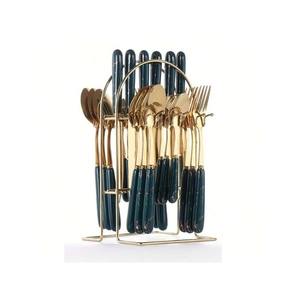 Luxury Wedding Eco-Friendly Heavy Duty Food Safe Gold Navy Blue Silverware Set Marble Pattern Wood Handles Gold Plated Utensils - Product Image 6