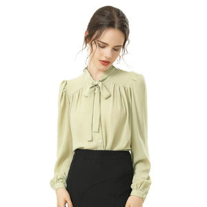 Camisa dulce de manga larga con botones y cuello de lazo para mujer, blusa informal - Product Image 1