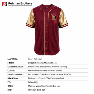 Camiseta de Béisbol para Hombre, Color Granate, de Poliéster Resistente, con Mangas Doradas Metálicas, Bordado Personalizado con el Escudo de la Marca, Cierre de Botones, Estilo Urbano - Product Image 6