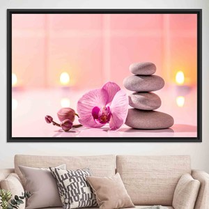Toile imprimée : œuvre d'art Orchidée rose et pierres de massage, TOILE ENCADRÉE NOIRE - Product Image 1