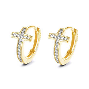 Orecchini a Cerchio con Croce in Oro 14K e Cristalli Autentici, Eleganti Orecchini a Perno con Cristalli - Product Image 5