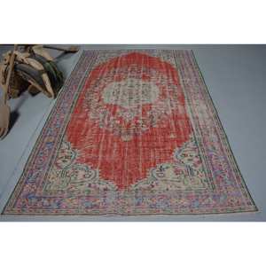 Alfombra tradicional de lana rojo Beige de 5,5x8,9 pies Vintage turco área grande rectángulo Patchwork látex abstracto para uso en el pasillo - Product Image 1