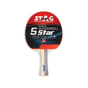 Raquette de tennis de table Stag Iconic 5 étoiles professionnelle durable à poignée droite avec caoutchouc à picots vers l'extérieur en bois et fibre de carbone 156x150mm - Product Image 1