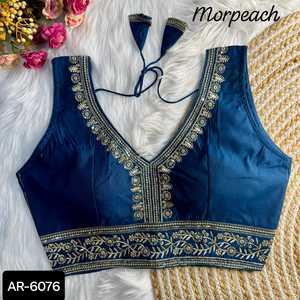 Indian Ethnic Wear Heavy Pure Roman <b>Silk</b> Ready Made Blouse with Embroidery Work <b>Sleeveless</b> Pattern Blouse with Attached Sleeve - Product Image 4