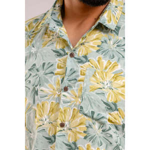 Men's Casual Cotton <b>Shirt</b> Sea Green Floral Printed Short Sleeves Button-Up Collar Single Breasted Woven Fabric Anti-Wrinkle XL - Product Image 4