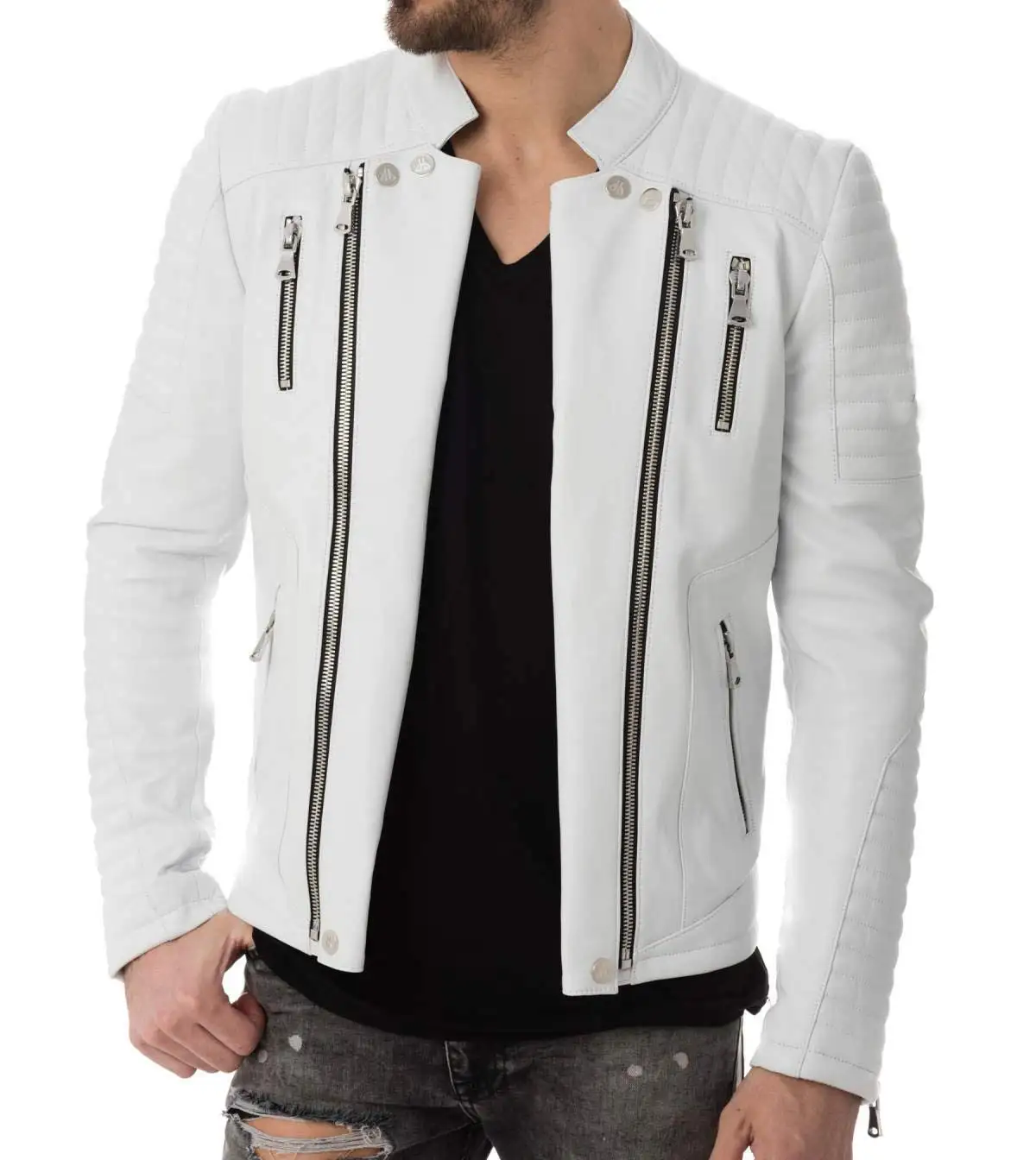 Veste de motard Brando en cuir blanc pour homme, veste de motard Rock Motorcycle pour homme en cuir blanc coupe ajustée à la mode, vestes en cuir à fermeture éclair pour homme