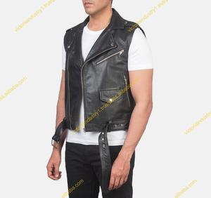 Vrais hommes vestes en cuir pour moto équitation Club col montant fermeture éclair gilet en noir pour hommes adulte moto cuir gilet - Product Image 2